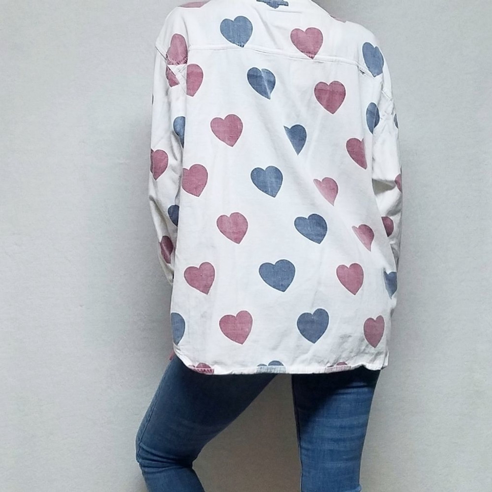 Vintage 80s Carolina Colours 11 White Blue Red Heart Denim V-neck Button Up Top - Picture 3 of 13